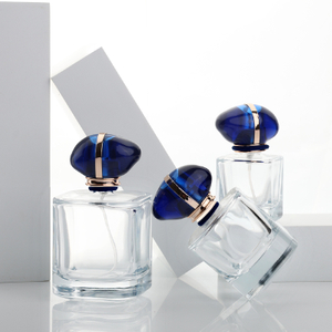 30ml 50ml 100ml Transparent Square Perfume Glass Bottles With Blue Gemstone Lid