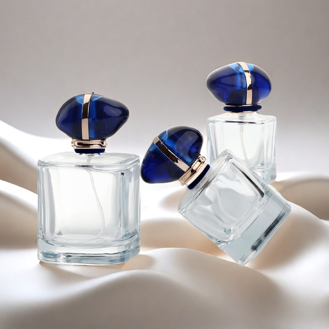 30ml 50ml 100ml Transparent Square Perfume Glass Bottles With Blue Gemstone Lid