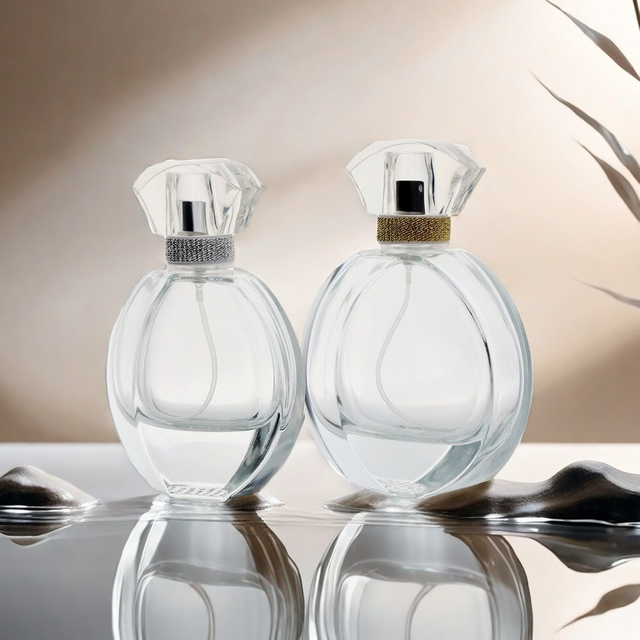 50ml 100ml Flat Round Glass Perfume Bottle with Fan-Shaped Lid